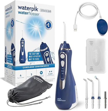 Waterpik Irrigador Dental Eléctrico con 3 Posiciones de Control del Agua a Presión con Cargador USB, Eliminación de Placa Dental óptimo para Viajar y para Baños Pequeños, Azul (WP-583EU)